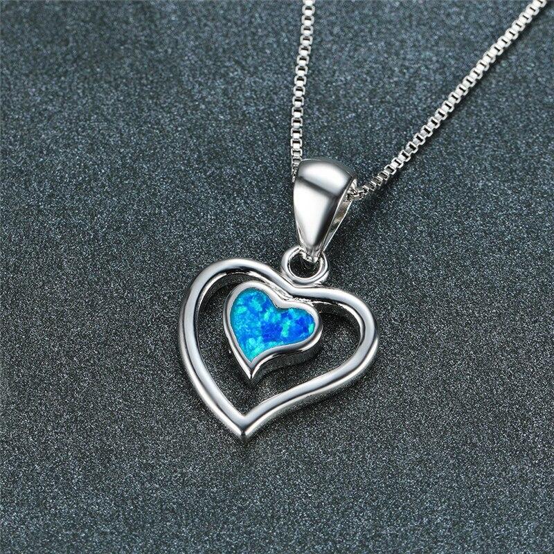 White Blue Fire Opal Cute Heart Pendant Necklaces For Women Romantic Jewelry Vintage Fashion 925 Silver Birthstone Necklace Gift