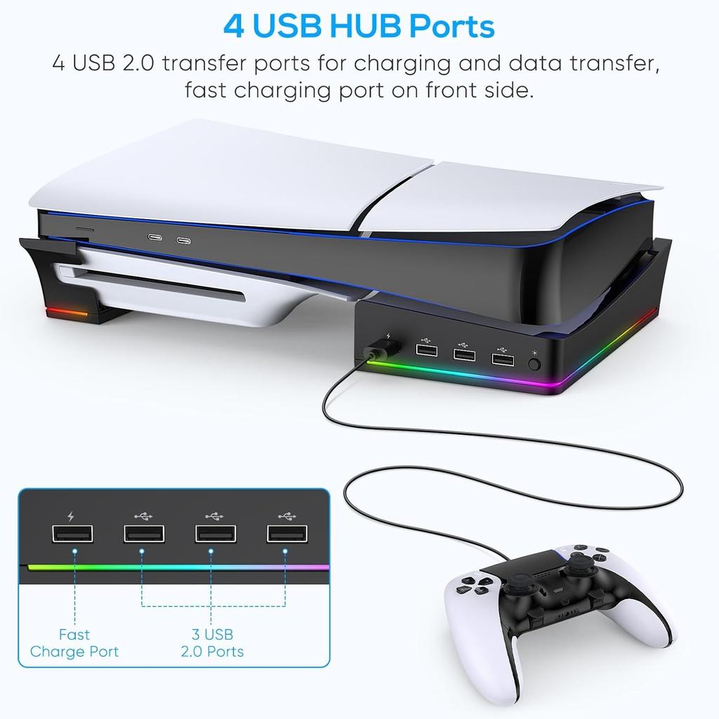 Горизонтальная консоль-стойка RGB с 14 режимами освещения и 4 USB-концентраторами, боковая подставка для PS5 Slim Disc и Digital, базовый держатель с функцией быстрой зарядки контроллера