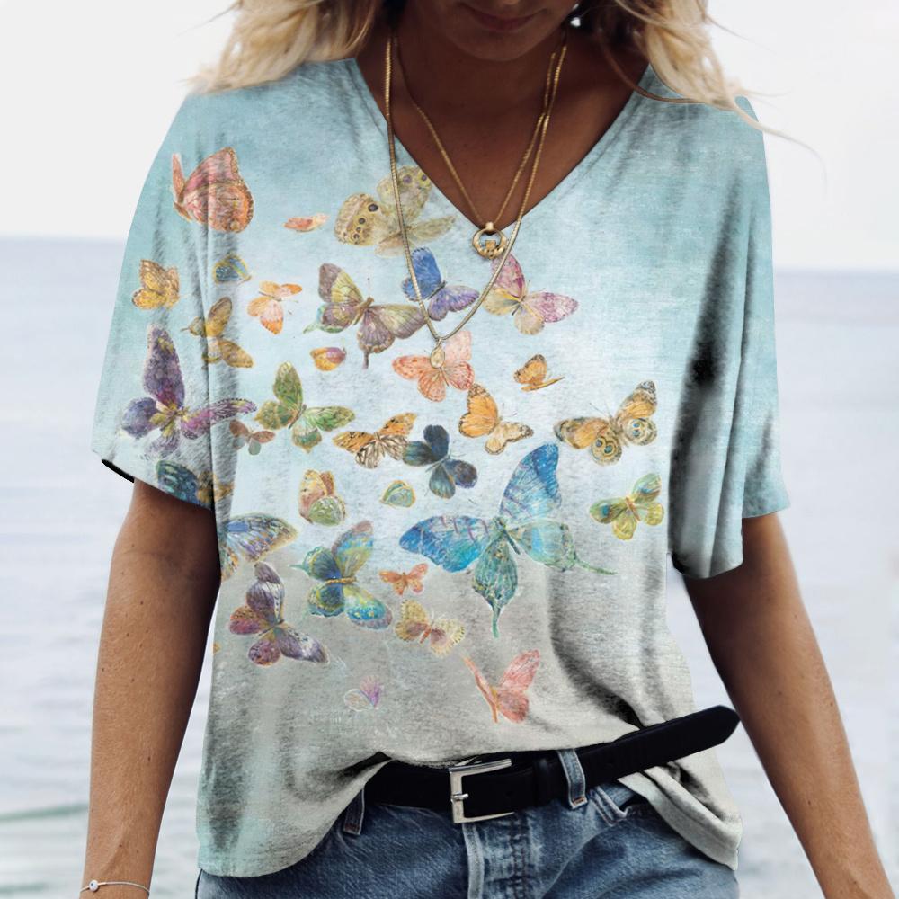 Summer Women's T-Shirt Vintage Casual Fashion V Neck Pullover Short Sleeve Butterfly Print Loose Daily Tops Design Clothing