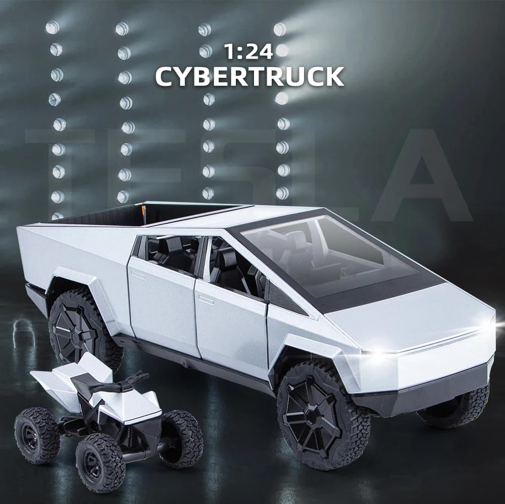 Zmart Cybertruck Silver Pickup Truck Diecast Metal Model with Sound and Lights, CYBERPUNK Pickup Diecast Alloy Miniature Car, Big Size