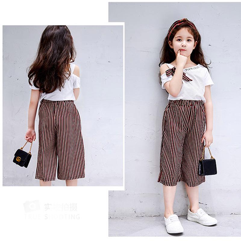 Детские повседневные летние футболки с короткими рукавами для девочек + шорты в полоску с принтом, комплект костюмов из 2 предметов