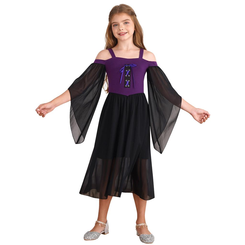 Kids Girls Medieval Princess Costume Renaissance Robe Gown Square Neck Halloween Cosplay Fancy Dress