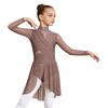Girls Rhinestones Lyrical Dress Long Sleeve Mock Neck Cutout Back Side Split Sheer Mesh Ruched Costume