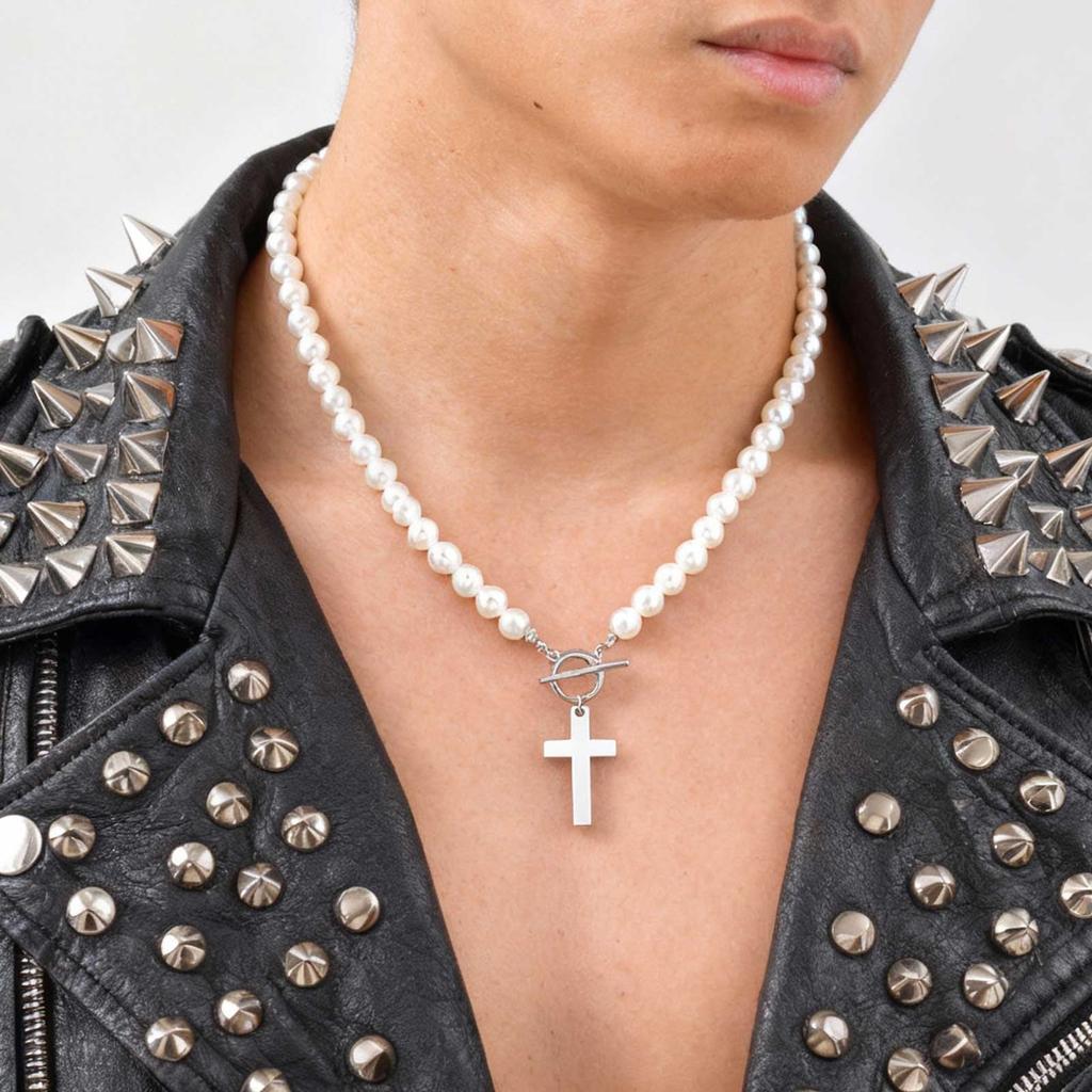 Vnox Stainless Steel Cross Pendant Necklace for Men Women, Imitation Pearl Beaded Chain Collar, Religion Faith Prayer Jewelry