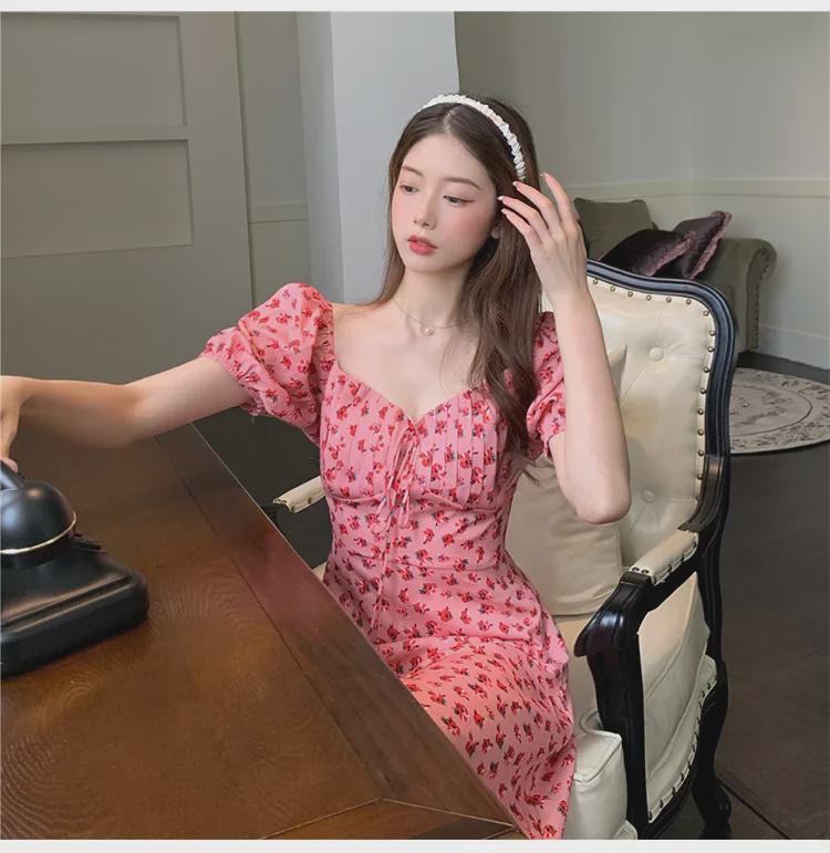 Plus-Size French Floral Chiffon Dress: Summer Puff Sleeve Waist Fairy Skirt