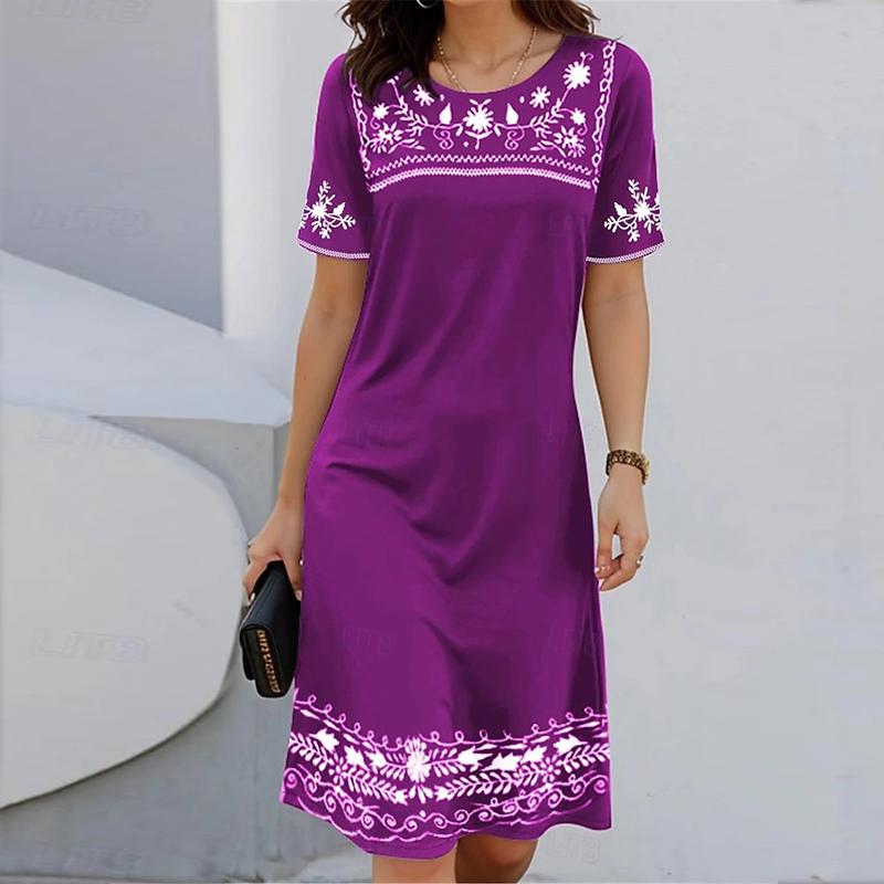 Модное женское свободное простое ретро-стиль с принтом в виде О-образного выреза и коротким рукавом с принтом листьев, свободное уличное платье А-силуэта