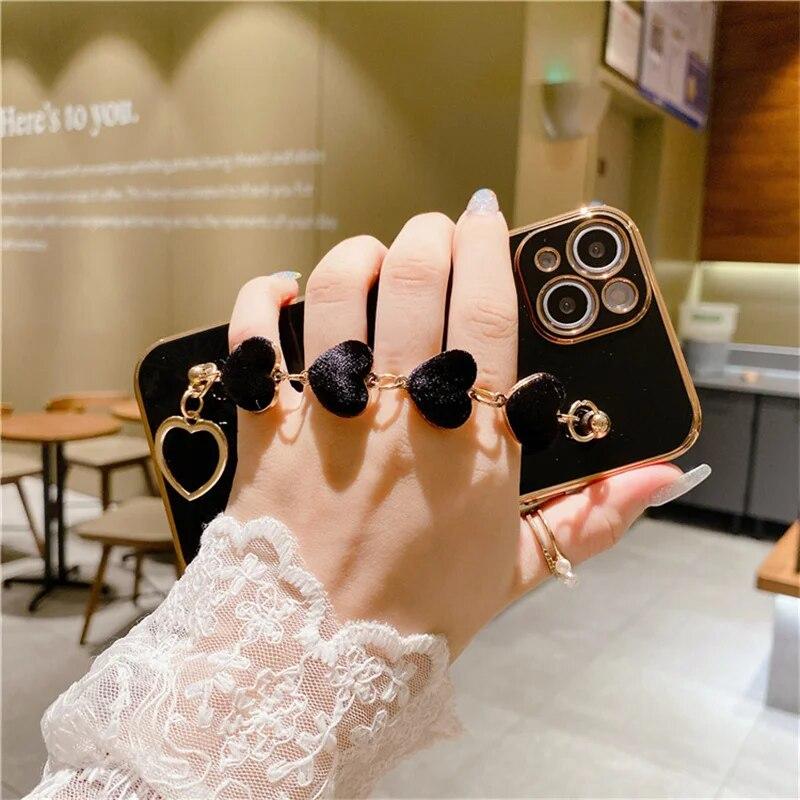 Плюшевый чехол-браслет с сердечком для Xiaomi Redmi Note 13 12Pro 12C 12S 11 11S 10S 9S 9A 9C 9T A1 A2, силиконовый чехол с цепным покрытием