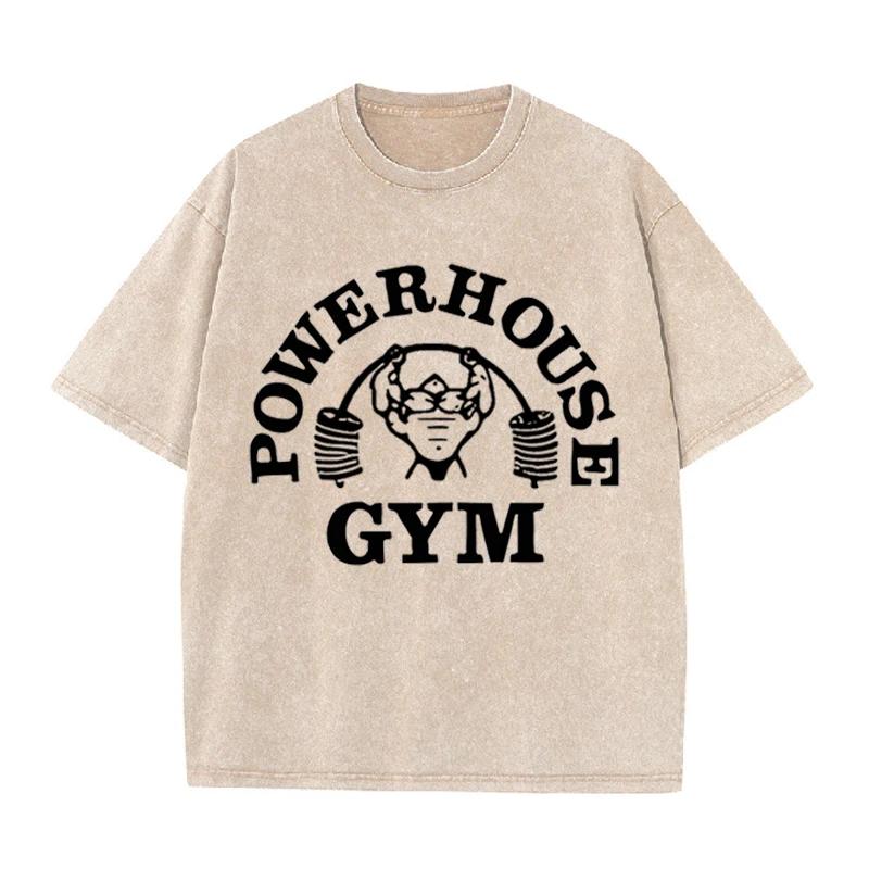 Powerhouse Gym Фитнес Принт Винтажная Стирка Футболка Тренировка в Зале Повседневная Футболка