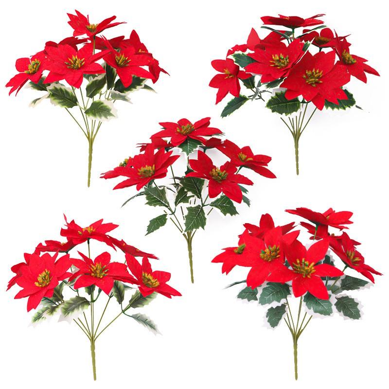 Artificial Christmas Poinsettia Bouquet 5-18 Branches Velvet Faux Plant Holiday Table Decor