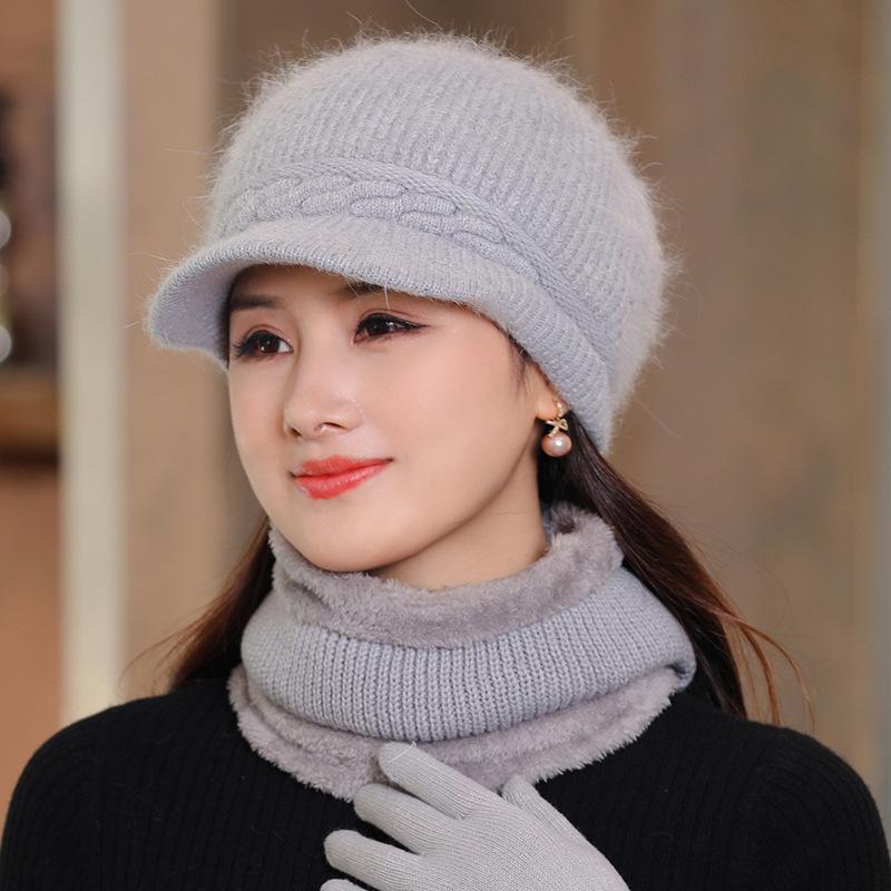 Hat+scarf Sets Middle Aged Elderly Women's Autumn Winter Rabbit Fur Knitted Hat Winter Elderly Hat Mother Hat Old Lady Hat Scarf Set