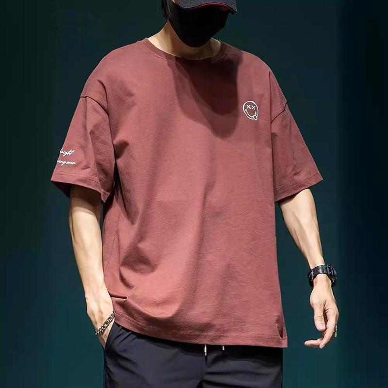 Мужская летняя футболка больших размеров 2024 с вышивкой в виде смайлика, с коротким рукавом, повседневная, из хлопка