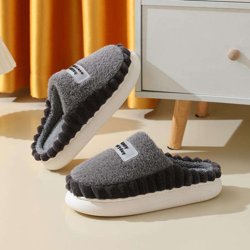 Home Slippers Men Plus Size Plush Winter Warm Soft Slippers Male Stripe Indoor Slippers Fashion Trend House Shoe Solid EVA