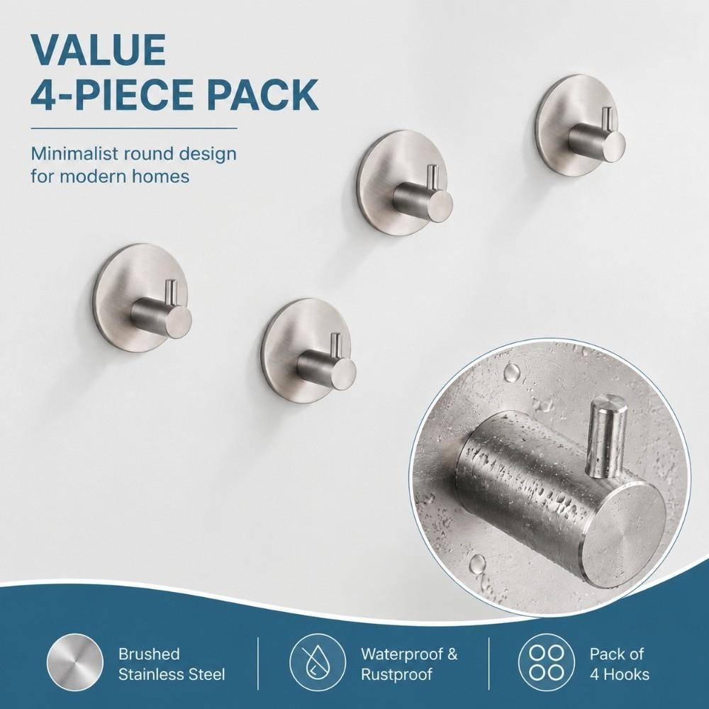4 PCS Stainless Steel Wall Hook Black Silver Towel Hook Durable Adhesive Hook Home Bathroom Kitchen