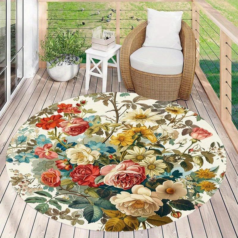 Round Vintage Botanical Flower Print Rug Non-slip Floor Mat for Living Room Bedroom Vanity Area Home Decoration
