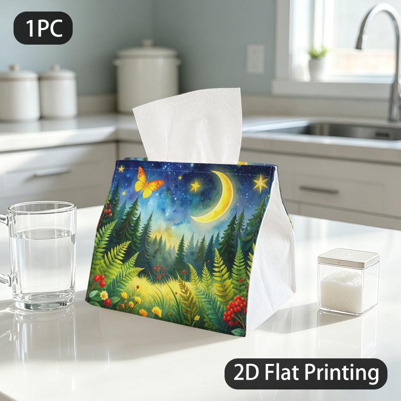 1pc Tissue Box, Watercolor Night Forest Star Moon Butterfly Magical Pattern, 2D Flat Printing, Polyester Material, Strong And Firm, Tissue Organizer,