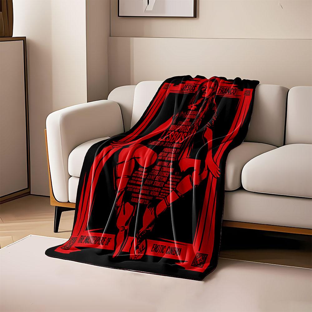 The pattern shows a red-black design featuring a central female figure. for all seasons blanket lunch break throw gift