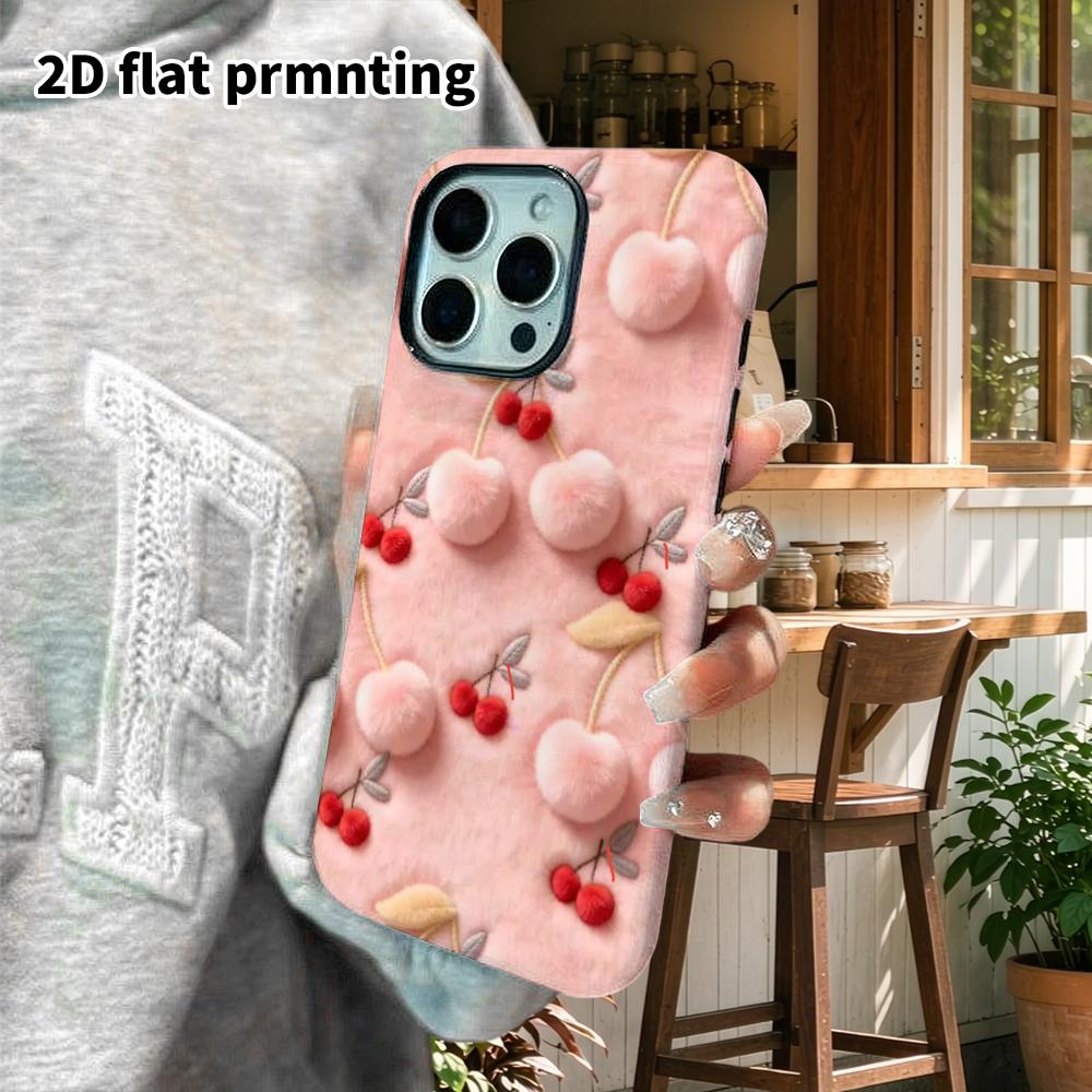 Phone Case: 2D flat design suitable for iPhone 18 17 16 15 14 13 Pro film protective case, couple style, plush cherry, Christmas and Halloween gift
