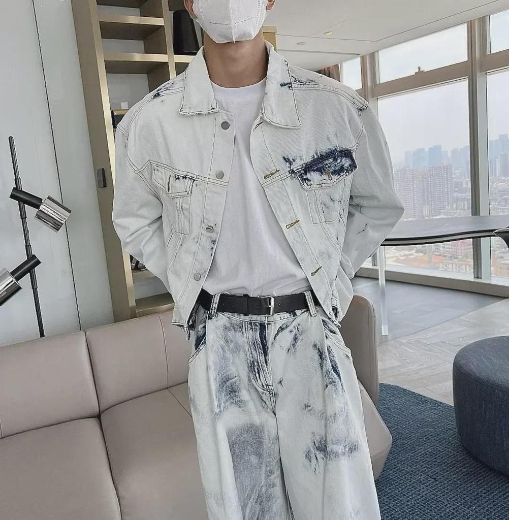 Men's Retro Tie-Dye Casual Suit: Loose Denim Jacket & Wide-Leg Trousers