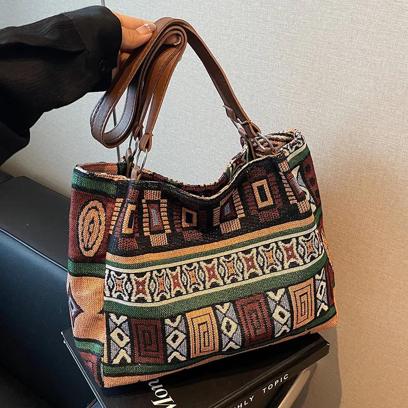 WTEMPO Этнический стиль Большие вместительные холщовые сумки Повседневные универсальные сумки через плечо Женские сумки для поездок на работу с принтом