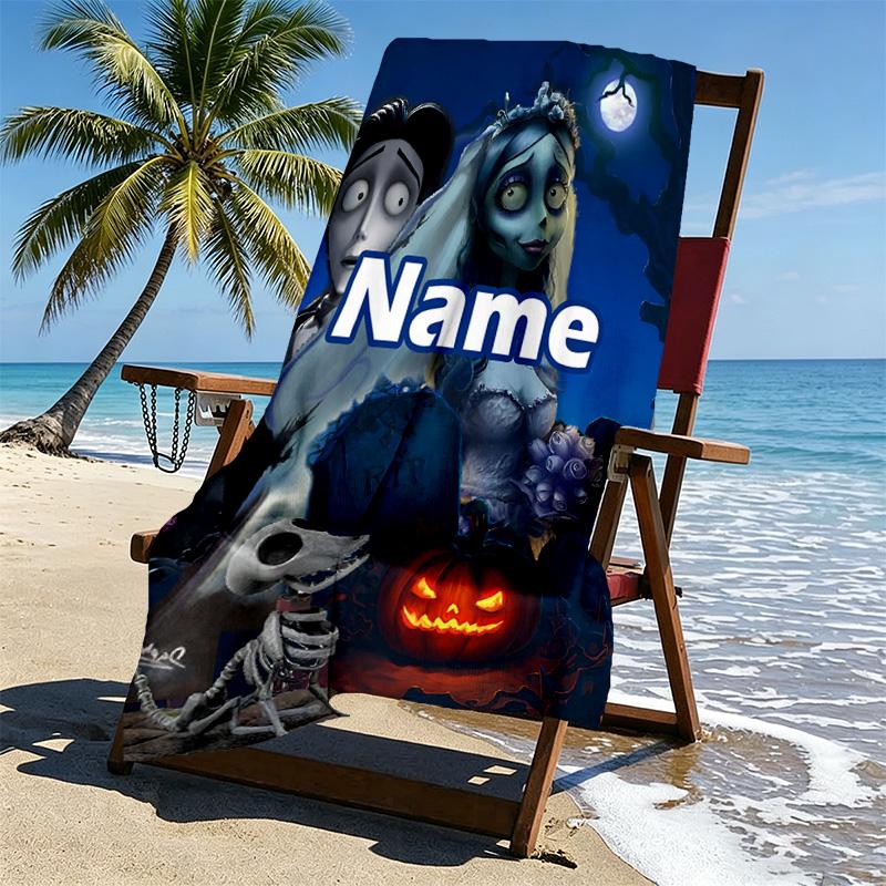 Custom Name Personalized Corpse Bride Print Beach Towel, for Trip Camping Beach Party Home Decor, Birthday Gift for Family & Friends
