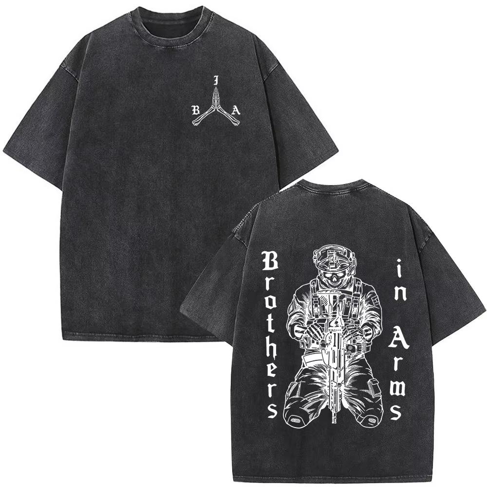 Vintage Washed Justicia Brothers in Arms Double Sided Print Tshirt Men Clothing Casual Cotton Short Sleeves T Shirts Ins
