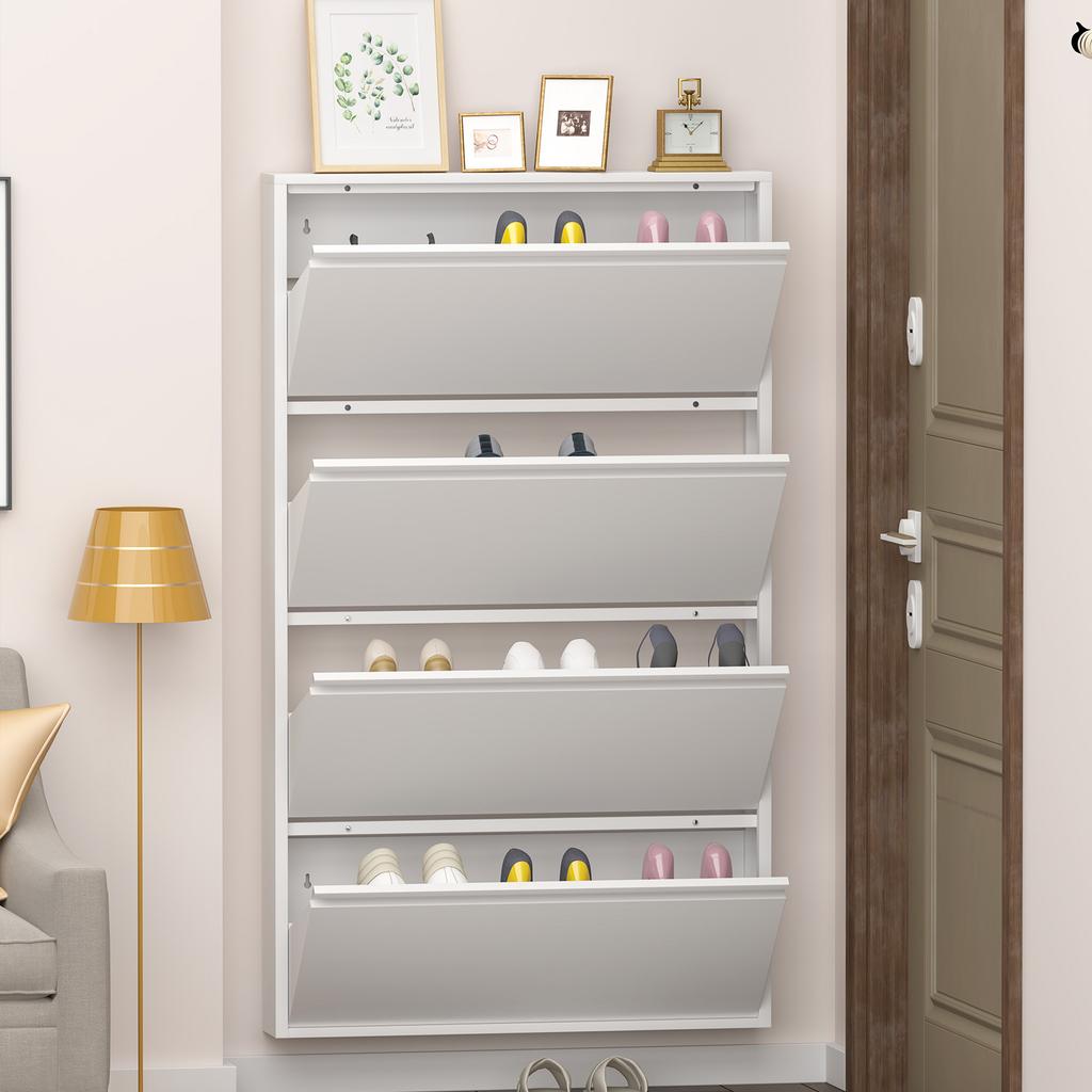 Metal Shoe Cabinet with 4 Flip Drawers, Wall Mounted Shoe Organizer, Narrow Slim Hidden Shoe Rack Storage for Entryway, White