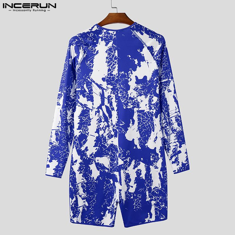 INCERUN Мужской комбинезон с длинным рукавом и принтом, открытым спереди, на шнуровке, короткий, цельный, боди, комбинезоны 