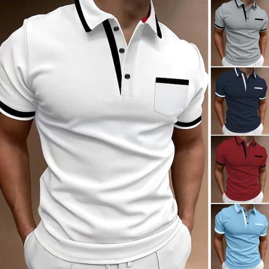 Мужская летняя рубашка с отложным воротником и пуговицами с коротким рукавом контрастного цвета, накладной карман, дышащий пуловер, приталенный повседневный повседневный топ средней длины