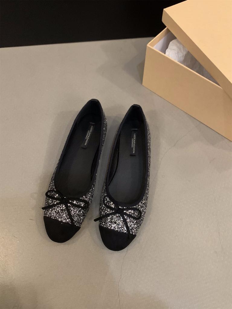 Французские туфли на плоской подошве с серебряными блестками, женские туфли 2025 года, новые весенние и осенне-зимние нежные вечерние туфли, балетки