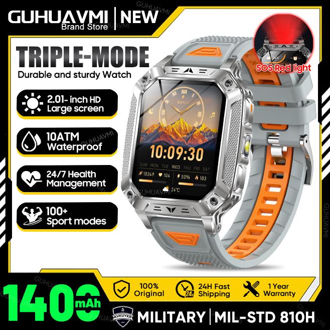 New Military 1400mAh Battery Smart Watch 2.01-inch AMOLED Screen LED Flashlight Waterproof BT Call Sports Smartwatch Men