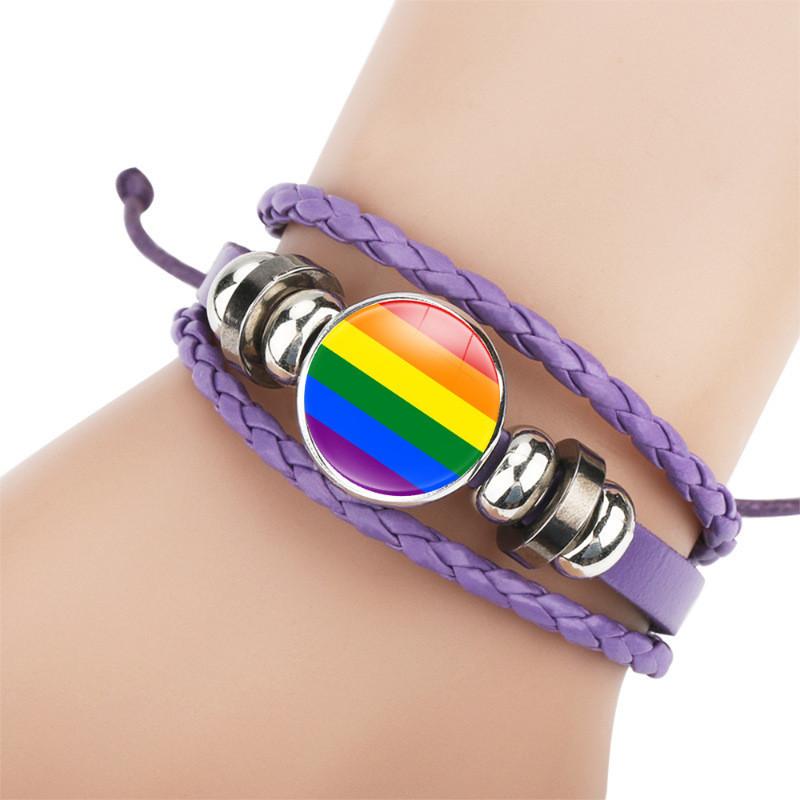 Colorful Distinctive And Rainbow Flag Time Gemstone Purple Bracelet Leather