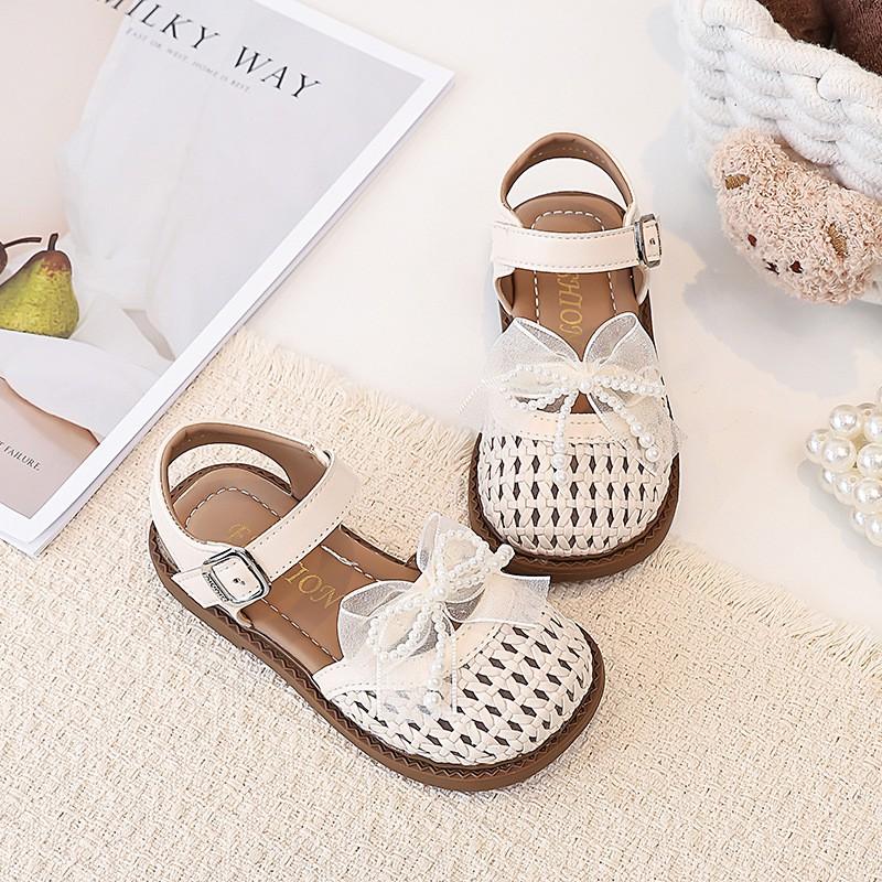 Girls Lace-up Bow Knit Cutout Sandals Kids Beach Closed-Toe Princess Shoes Size 26-34