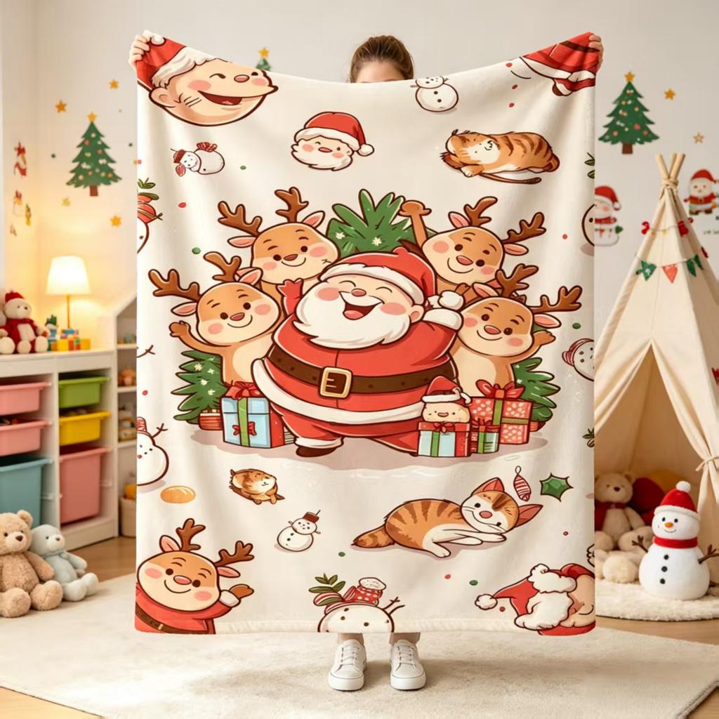1pc Cozy Cartoon Santa Claus Printed Flannel Blanket, All-Season Polyester, Machine Washable, Multipurpose, Suitable for Napping, Camping, Travel, Off