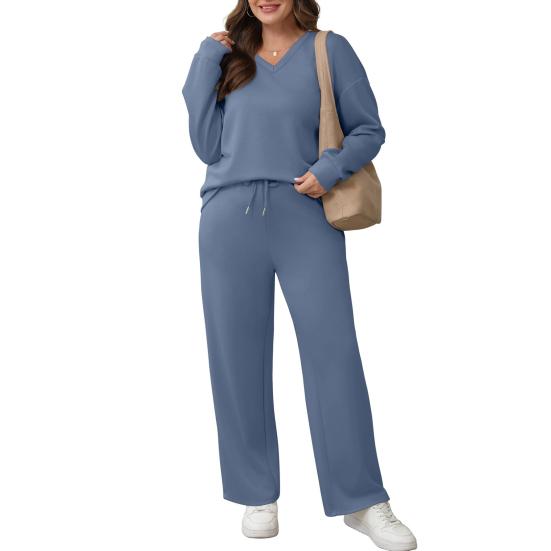 Two Piece Outfits for Women Casual Fall Lounge Sweatsuits Long Sleeve V-Neck Top Wide