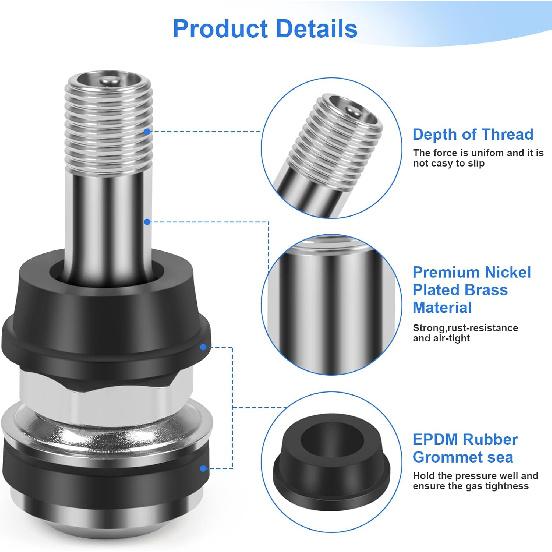 6-Pack TR416 Tire Valve Stems, High Pressure 200 PSI Tubeless Valve Stems, Brass Valve Stems, 1-1/2" Schrader Valve, Fits 0.453" & 0.625" Rim Holes