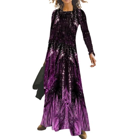 Леди Нижние юбки размера плюс длинное платье с принтом и блестками Весеннее тонкое платье макси с круглым вырезом для банкета