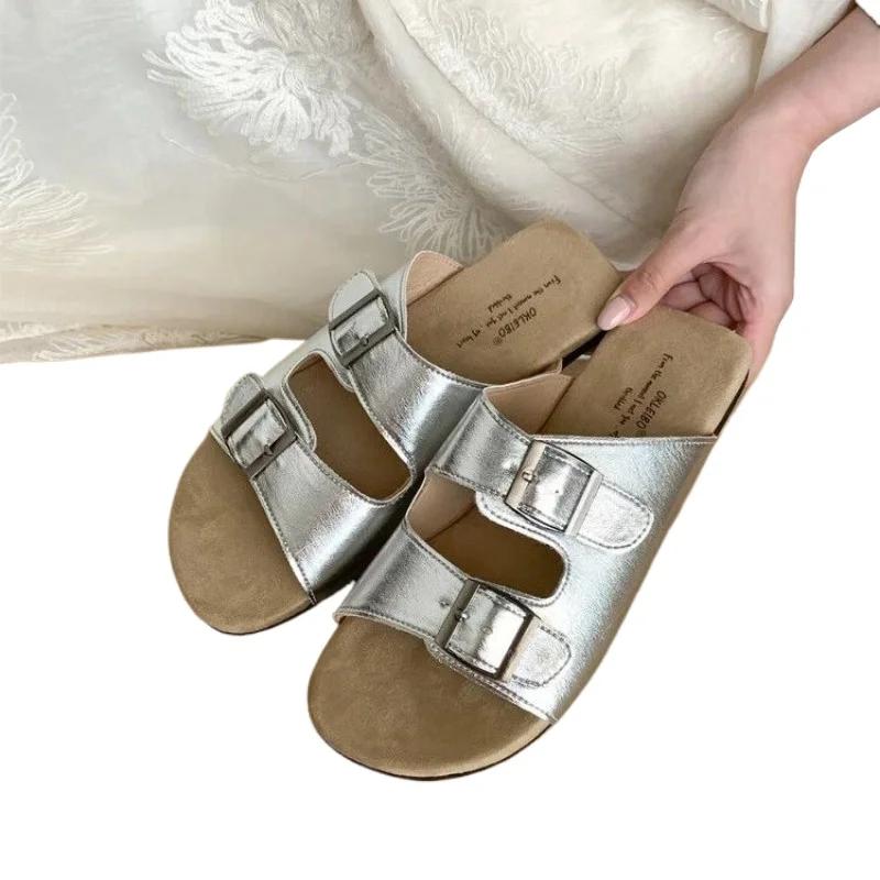 Fashion Ladies Shoes On Sale 2024 Open Toe Buckle Women's Slippers Summer Solft Sole Casual Flat Comfortable Slingbacks Slippers