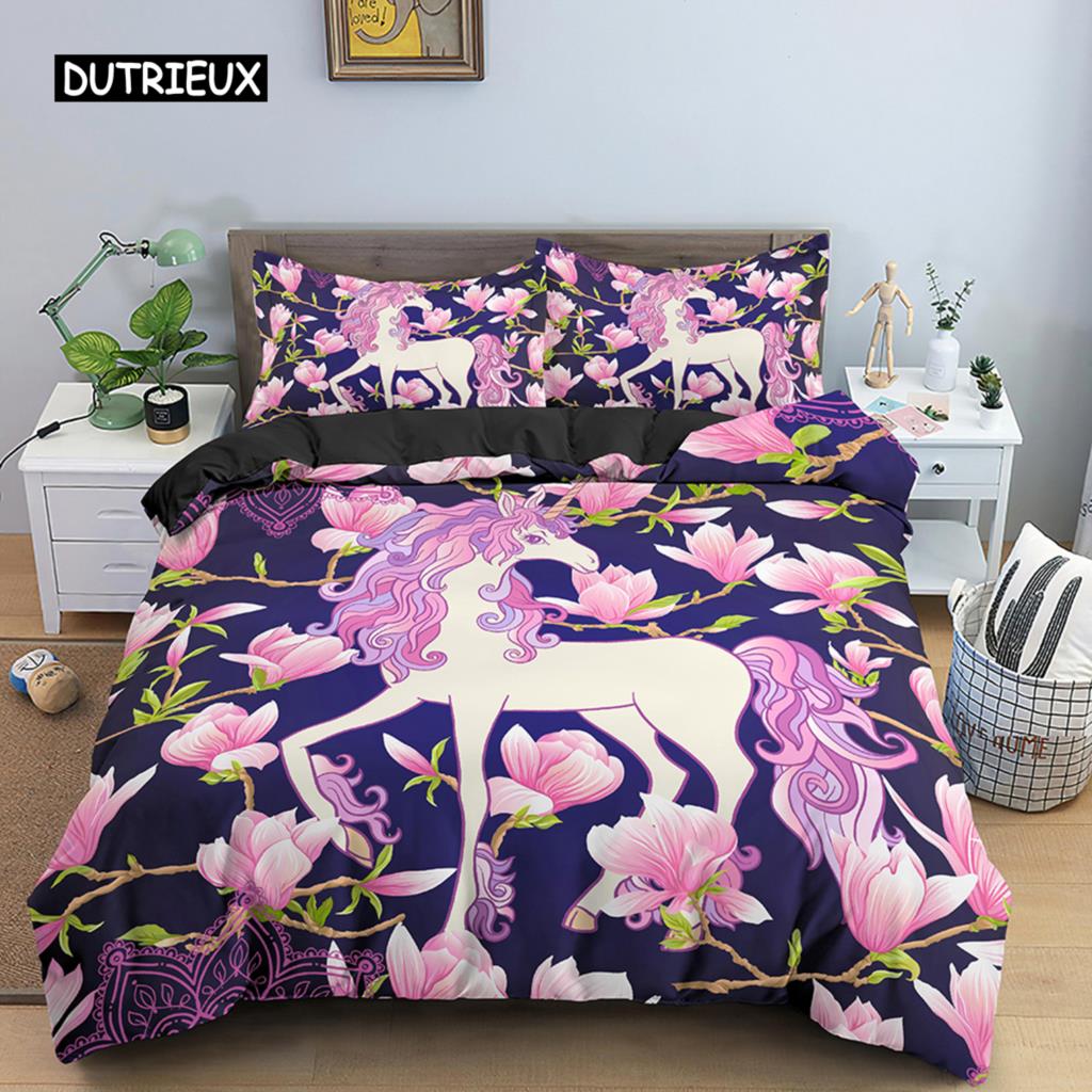 Пододеяльник с единорогом King Queen Комплект постельного белья с изображением животных из мультфильмов для детей и подростков, взрослых, милые белые волшебные существа, полиэстеровый пододеяльник