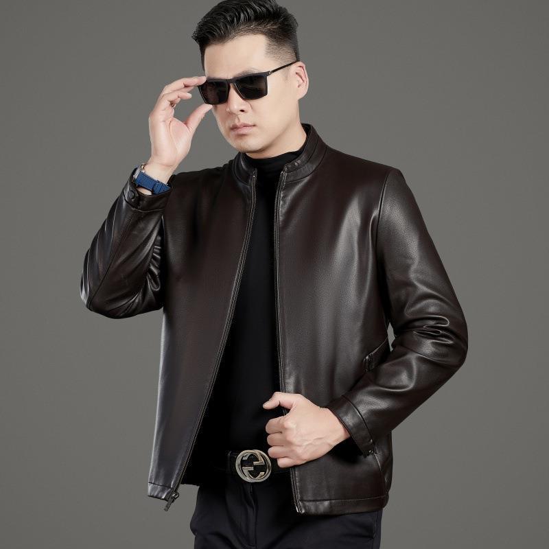 Мужская кожаная куртка из овчины, деловая, с лацканами, для среднего возраста, папы, новая осенне-зимняя, повседневная кожаная куртка