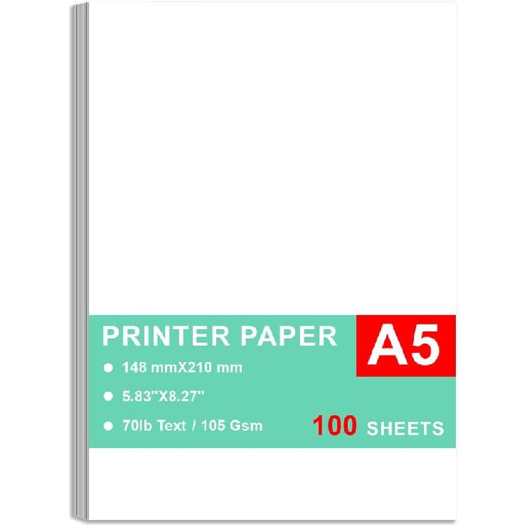 Printer Paper - 100 Sheets, A5 Premium Bright White Paper, 28lb Bond / 70lb Text (105 gsm) Bright White Paper – Great for Copy, Printing, Writing,