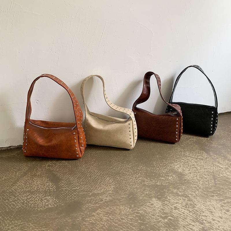Винтажная однотонная сумка-подмышка с заклепками для женщин, легкая портативная сумка через плечо из ПУ кожи для путешествий, пляжа и повседневных выходов KTY