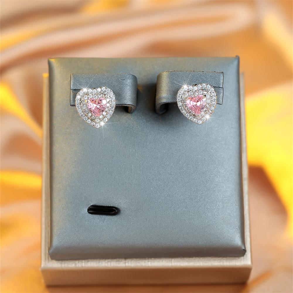 Trendy Pink Crystal White Zircon Love Heart Stud Earrings For Women Vintage Silver Color Wedding Earring Valentine Jewelry Gifts