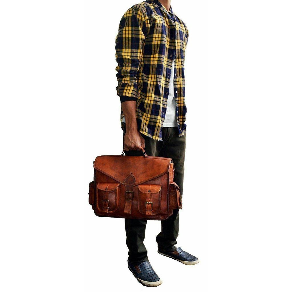 New Men Real Goat Leather Vintage Brown Messenger Shoulder Laptop Bag Briefcase. Size 11 X 15 X 4