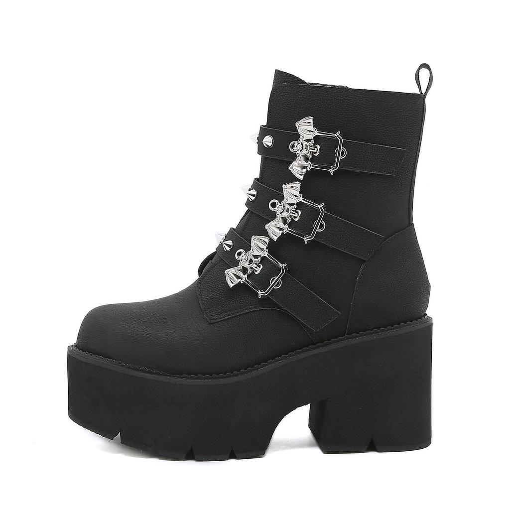 Fashion Women's Platform Goth Fashion Mid Calf Boots Punk Motorcycle Chunky High Heeled Shoes Women Leather Black Bat Buckle Ankle Botas
