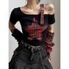 Summer Star Patchwork Crop Tops Plaid T Shirt Women Fashion Off Single Shoulder Y2k Tee OverSleeve Fairy Grunge Shirts