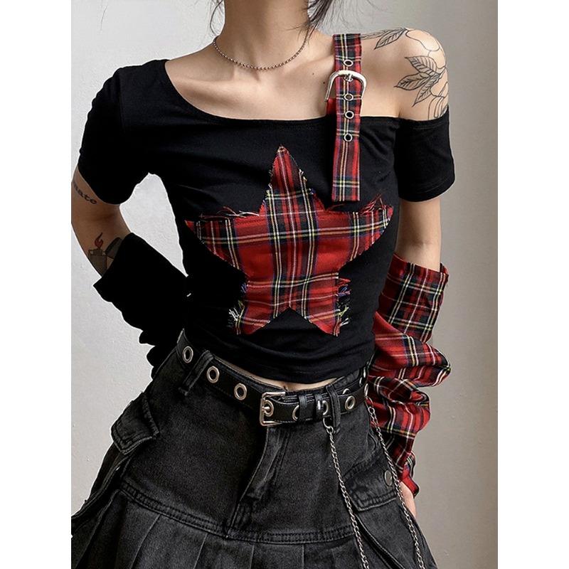 Summer Star Patchwork Crop Tops Plaid T Shirt Women Fashion Off Single Shoulder Y2k Tee OverSleeve Fairy Grunge Shirts