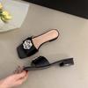 French temperament rhinestone square buckle satin thick heel one-word drag women 2025 summer new versatile square head outer slippers
