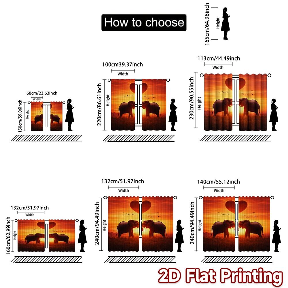 2D FLAT PRINTING 2pcs Curtains (Without Rod) Valentine's Elephants at Sunset Popular Creative Curtains Durable 100% Polyester