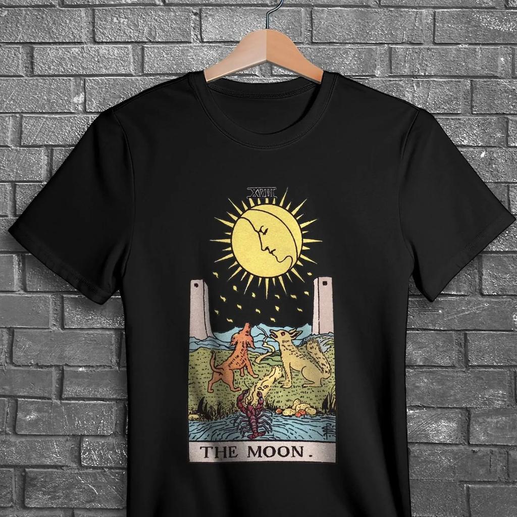 The Moon Tarot Card T Shirt Gothic Occult vintage Washed Slightly Breathable homme Soft Casual Stylish graphic Comfortable
