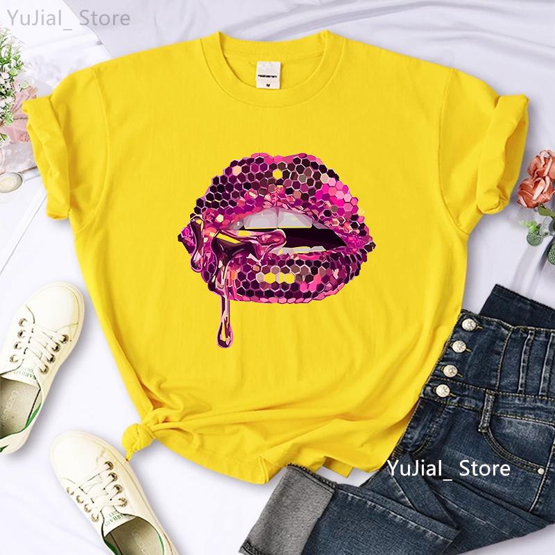 2024 Hot Sale Black T Shirt Unisex Pink Glitter Lips Graphic Print Tshirt Femme Luxurious Makeup Sexy Tshirt Haut Femme